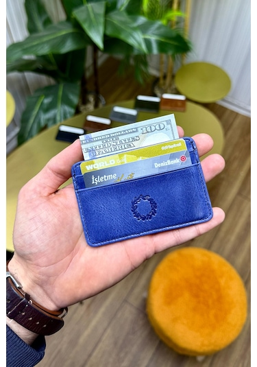 Unisex Buz Mavisi Mini Design Hakiki Deri Kartlık Cüzdan Erkek - Kadın Mavi