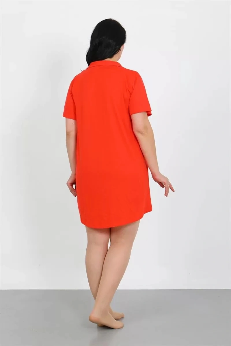 Moda Büyük Beden Penye Düğmeli Nar Çiçeği Tunik Gecelik Nar Çiçeği