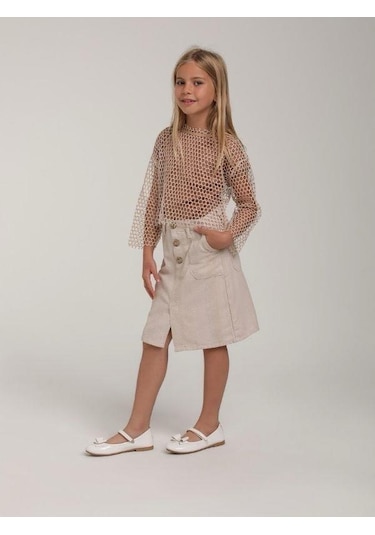 Kız Çocuk Tasarım File Bluz İç Bluz Hariçtir -15610 Bej