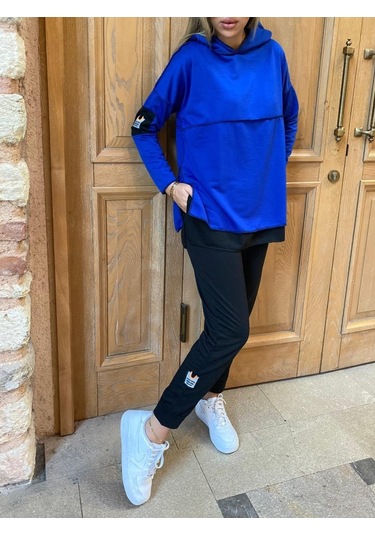 Modaserdem Kadın Kapşonlu Etek Ucu Detay Armalı Ters Dikiş Gorunumlu Ikili Takım Mavi