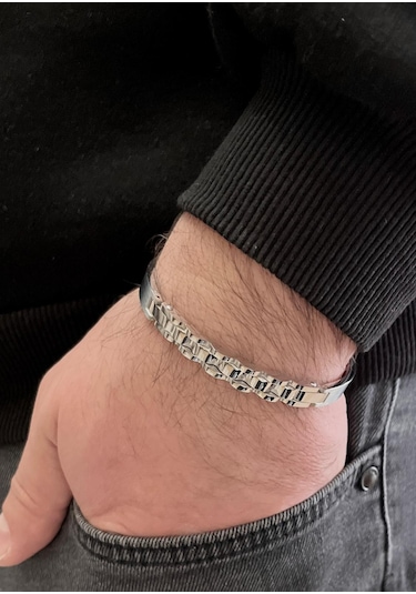 Silver Tamamı Paslanmaz Saf Çelik Şık Erkek Bileklik 5mm
