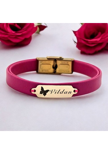 Archin Vildan İsmine Özel Doğal Pembe Derili Kelebek Figürlü 14 Ayar Altın Plakalı Hediye Bileklik-651isim Vildan