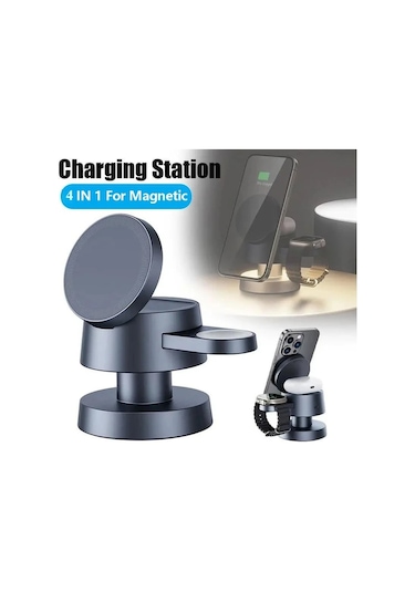 Motion003 Koyu Gri Gece Lambali 4u 1 Arada Manyetik Kablosuz Sarj Cihazi İphone Uyumlu 16 15 14 13 12 Promax Plus Se İwatch 10 9 8 7 Ultra Airpods 3 2
