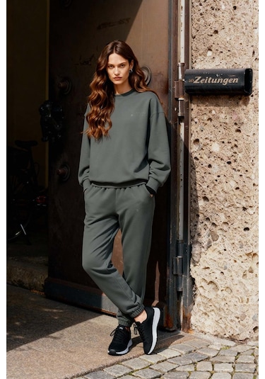 Tommy Life Çağla Basic Pamuklu O Yaka Oversize Lastik Paça Kadın Eşofman Takım - 95287 Çağla