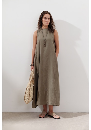 Keten Büzgülü Geniş Elbise Haki Haki
