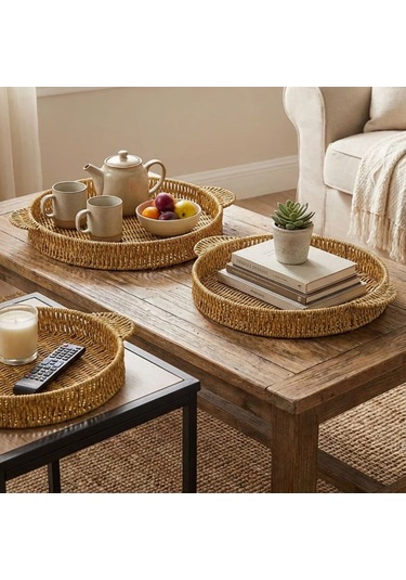 Durukar İç İçe Geçebilen 3 Lü Yuvarlak Plastik Rattan Tepsi Seti Hasır Görünümlü Çok Amaçlı Servis
