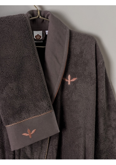 Cotton Box Puff Nakışlı Aile Bornoz Seti Molende Bej-antrasit Antrasit Bej