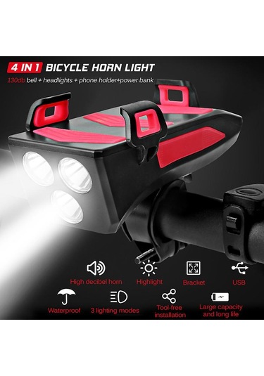 Folinda Bisiklet Feneri 4'lü Fonksiyonlu: 250 Lumen Işık, 130db Klakson, Telefon Tutucu Ve Power Bank - Hızlı Kurulum, Su Geçirmez Diğer