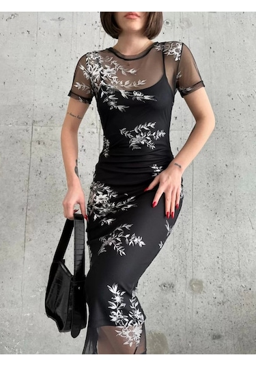 Kadın Baskılı Şifon Kimono Elbise - Siyah Siyah