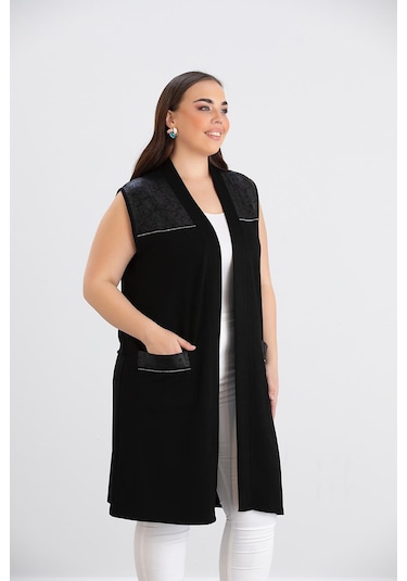 Wearon Kadın Ajda 2 İp Kristal Süs Deri Ve Taşlı Cepli Siyah Yelek Siyah