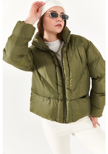 Alisse-kadın Haki Dik Yaka Kısa Şişme Mont Haki