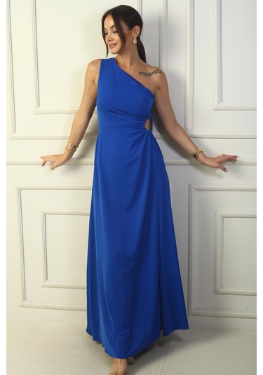 Kadın Tek Omuz Yan Pencere Detaylı Uzun Krep Saten Elbise-38765 Saks