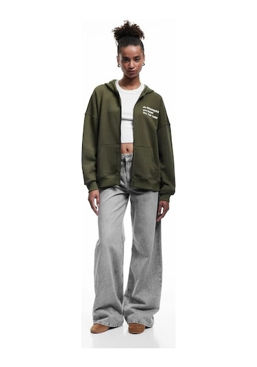 Koton Şardonlu Baskılı Fermuarlı Kapüşonlu Kadın Oversize Sweatshirt 6wal10142ık Haki