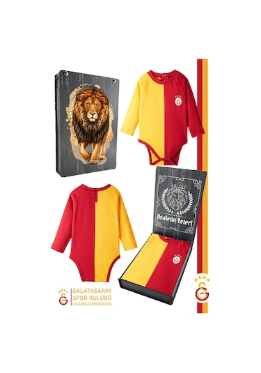 Galatasaray Orijinal Lisanslı Uzun Kol Bebek Body Zıbın Hediyelik Ahşap Kutulu Kırmızı - Sarı