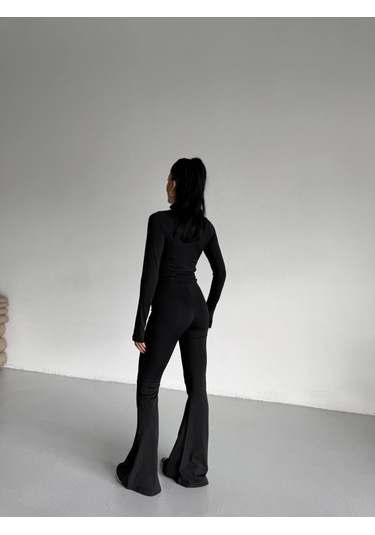 S-pazarım Kadın Balıkçı Yaka Cep Detaylı Ceket Ve Ispanyol Paça Spor Ikili Takım Siyah