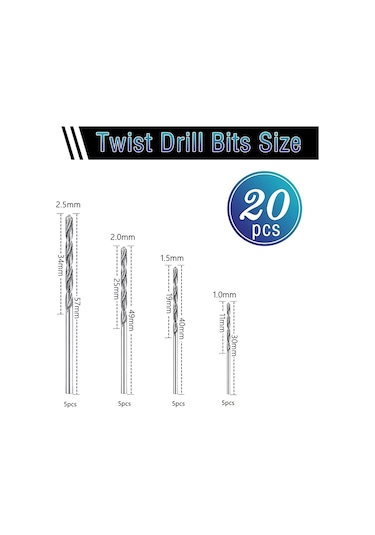 Xurunkeji Elmas Matkap Ucu Seti 20 Parça 4 Boyut 1mm 1.5mm 2mm 2.5mm Büküm Uçlu Mücevher Plaj Deniz Camı Kabuklar Değerli Taşlar Taşçılık