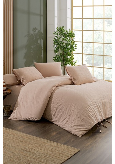 Dante Nakışlı %100 Pamuk Natürel Çift Kişilik Nevresim Takımı Pudra Pudra