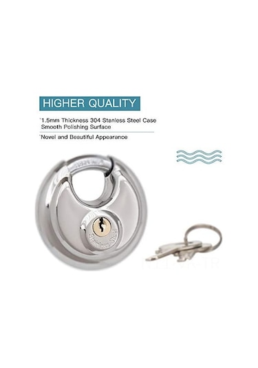 Vkemall Stainless Steel Disk Kilit, Bakır Silindir, Sert Çelik Kanca, 70x20mm, İç/önarıç Kullanım: Depo, Garaj, Kapı, Araç - 4 Adet + 8 Anahtar