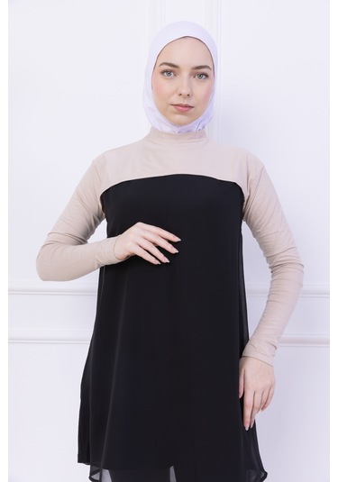 Balıkçı Yaka Boyunluklu Kolluk Bej - Likralı Dik Yakalı Kadın Body Tesettür Crop Bolero Bej