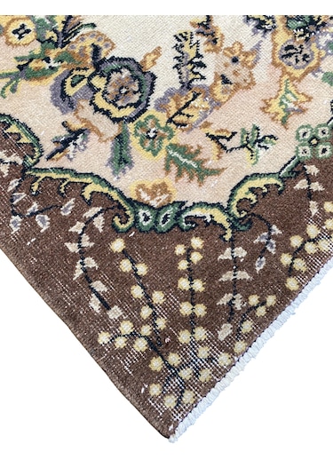 El Dokuma Retro Vintage Halı 117x215 Yün Eskitme Sıfır Halı Kahverengi