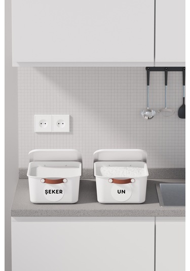 2 Li Bakliyat Erzak Saklama Kabı Un Şeker Saklama Kutusu Kapaklı Kulplu Plastik Saklama Kabı Beyaz