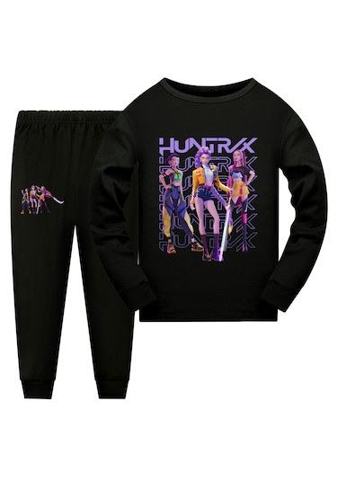 Kpop Hunter Cadılar Anime Baskılı Kız Çocuk Trend Pijama Takımı Siyah