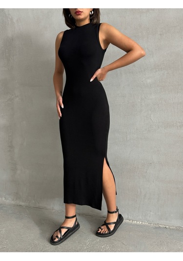 Kadın Yırtmaç Detaylı Kolsuz Soft Touch Esnek Elbise Siyah