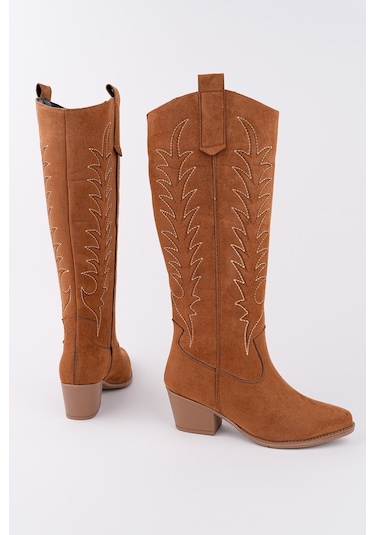 Muggo Texas Sivri Burun Nakışlı Kalın Topuklu Kadın Kovboy Western Çizme TABA SÜET