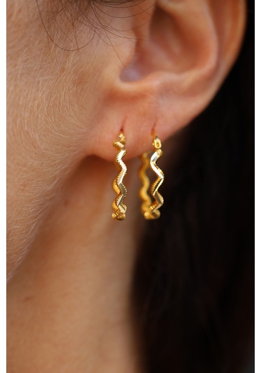 14 Ayar Altın Zikzak Ajda Model Halka Küpe Sarı Altın