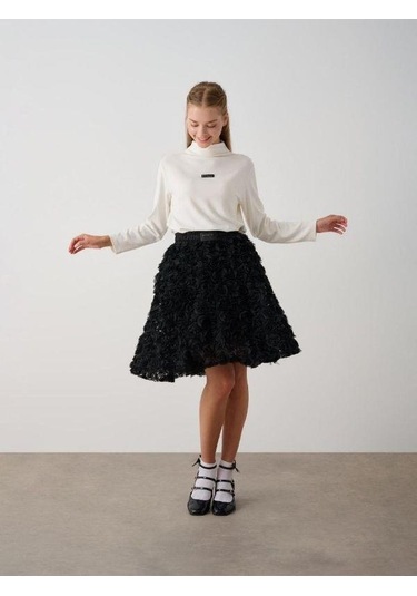 Kız Çocuk Beli Lastikli Gül Desenli Etek-14787 Siyah