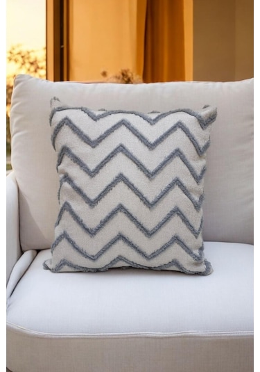 Modern Chevron Zigzag Püsküllü Kırlent Kılıfı Gri Renk - 43x43cm Gri