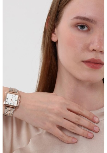Daisy Rose Gümüş Kordon Kare Kasa Roma Rakam Kadın Kol Saat Rose Gold
