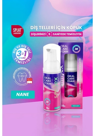 Splat Diş Ve Diş Telleri Için Beyazlatıcı Ağız Temizleme Köpüğü Nane Aromalı 3'ü 1 Arada 50 Ml