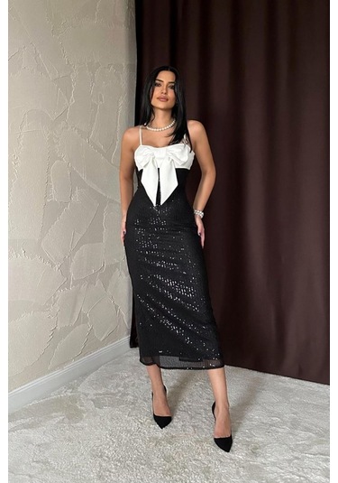 Siyah Önü Fiyonklu Garnili Elbise Siyah