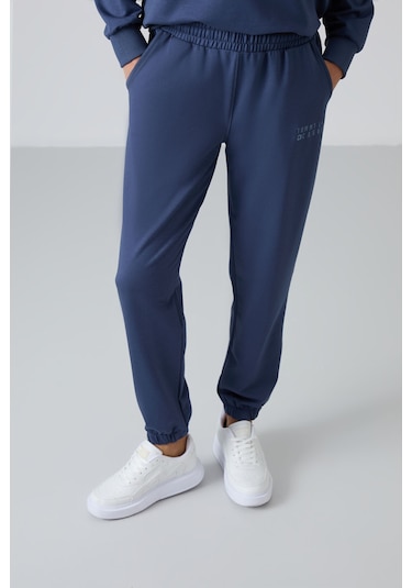 Tommy Life Petrol Basic Pamuklu O Yaka Oversize Lastik Paça Kadın Eşofman Takım - 95287 Petrol