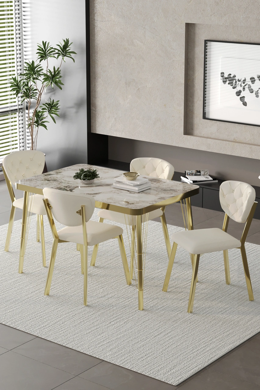 Mutfak Masası Takımı Elma Serisi 4 Sandalyeli Gold Krem