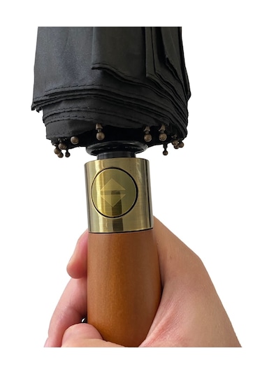 Yüksek Kaliteli Ahşap Saplı Şemsiye Otomatik Rüzgarda Kırılmaz Siyah