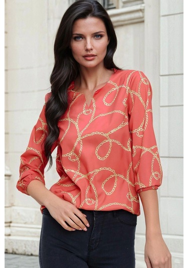 Bordo, Zincir Desenli, Lastikli Kol Detaylı, Bluz Bordo