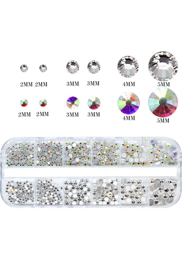 Kangvka 12 Izgara Tırnak Sanatı Cam Düz Tabanlı Elmas Seti - Beyaz Elmas + Kalem + Pinçer Tırnak Aletleri Çok Renkli