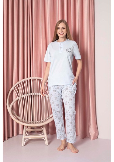 Ahengim Kadın Pijama Takımı Süprem Kısa Kollu Çiçek Desenli Pamuklu W30062330 Mavi