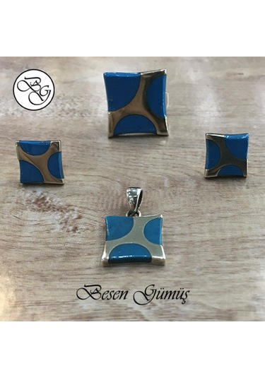 Firuze Taşlı Kare Set Rose Gold - Gümüş