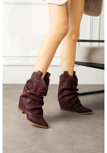 Shoetek Livinya Kadın Kovboy Bot Körüklü Bordo Mat Deri Bordo