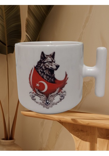 Ay Yıldız Kurt Çift Taraf Baskılı T Kupa Bardak Krem T