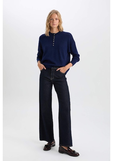 DeFacto Oversize Geniş Kalıp Düğmeli Yaka Triko Kazak D4913AXNSNV131 Lacivert