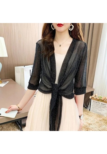 Siyah Kadın Yaz Ince Dantel Şal Büyük Boy Düz Renk Yarım Kollu Güneş Koruma Giyim Rahat Gevşek Parlak Ipek Nefes Hırka Siyah