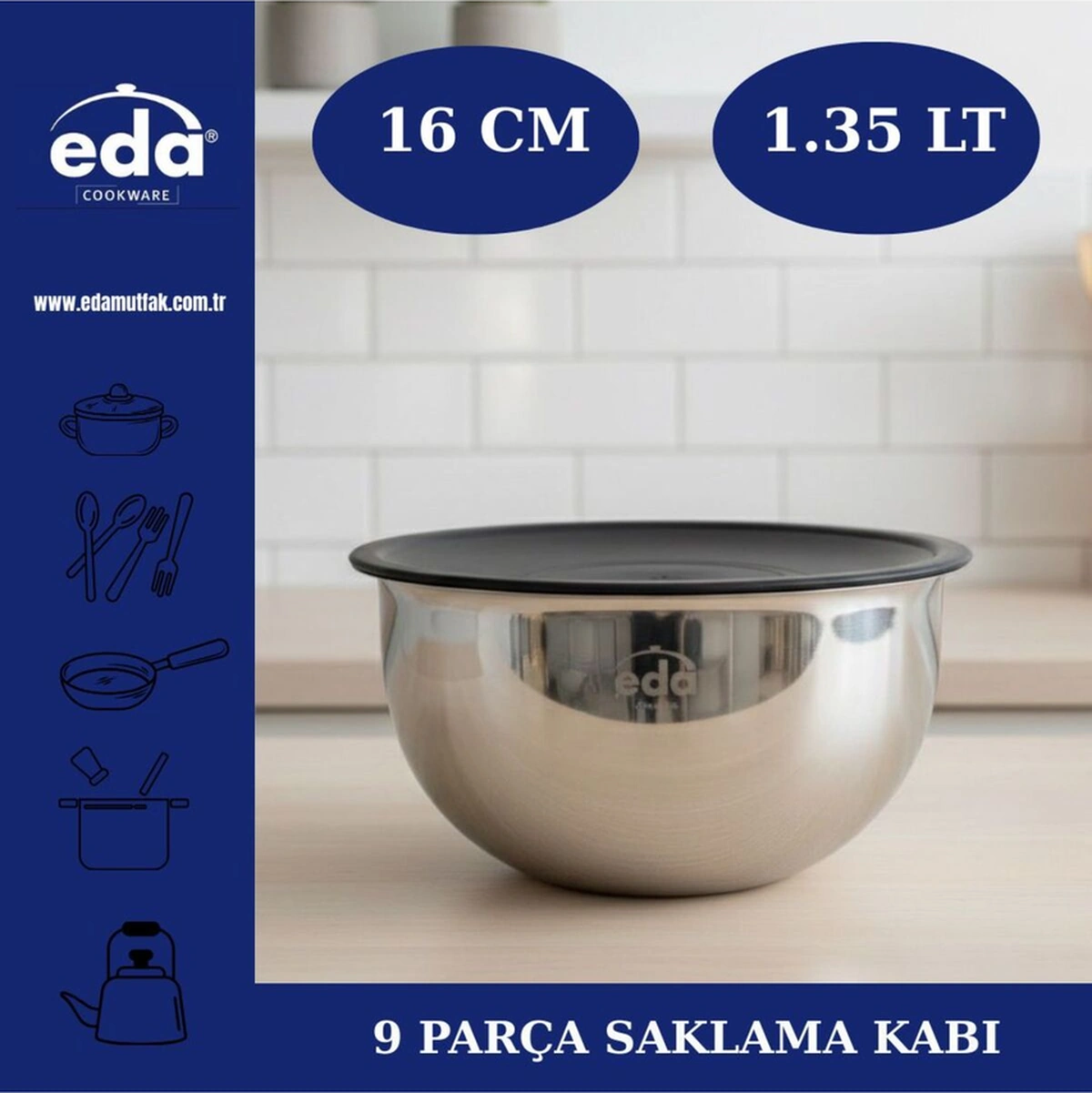 Eda Paslanmaz Çelik 9 Parça Karıştırma Kabı - Rendeli Karıştırma Saklama Kabı Seti Gri