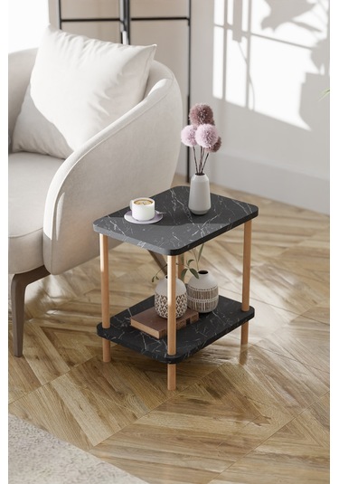 2 Raflı Yan Sehpa Geniş Gazetelik Kitaplık Çiçeklik -siyah