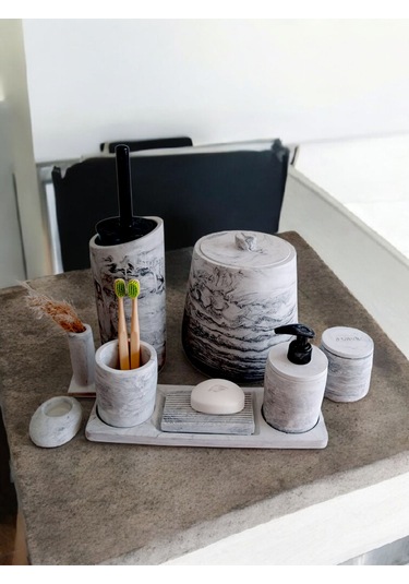 Antrasit Beton Banyo Seti Tuvalet Wc Sıvı Sabunluk Diş Fırçalığı Aksesuar Takım Antrasit