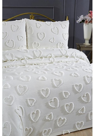 Çeyiz Diyarı Pure Love 3 Parça Çift Kişilik Pike Takımı Krem Krem
