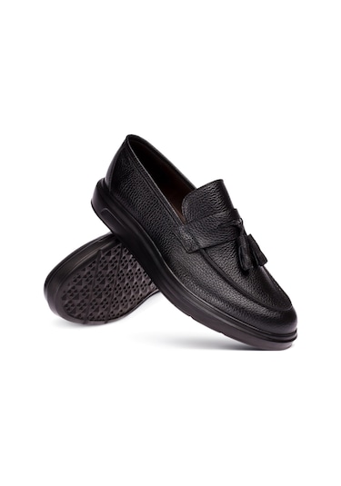 Deery Hakiki Deri Püsküllü Siyah Comfort Erkek Loafer Siyah